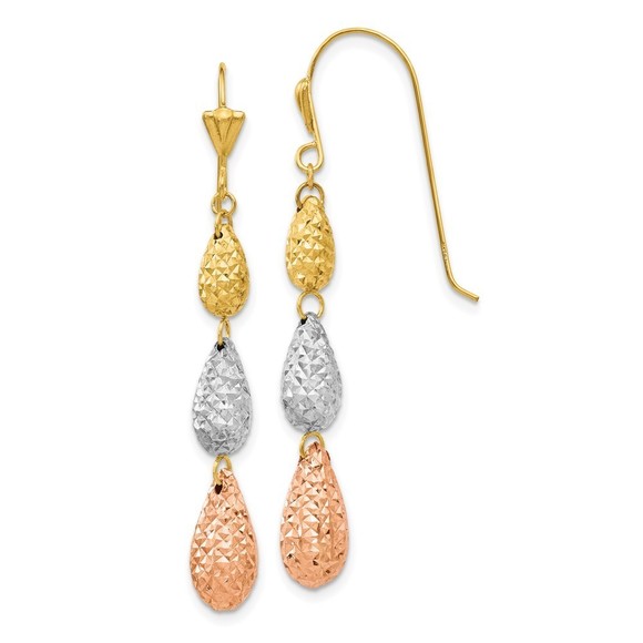 14k Tri-color Puff Diamond-cut Teardrop Dangle Earrings - Picture 1 of 4
